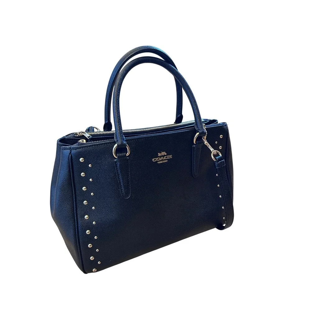Coach‎ Black Crossgrain Leather Studded Carryall Satchel Bag